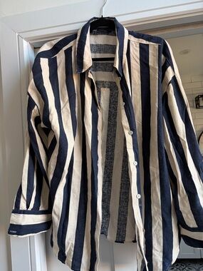 Zara Linen Navy and Cream Vertical Stripe Button-Down Shirt